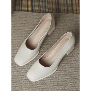 中跟粗跟真皮白色气质单鞋 女春秋季 方头浅口高跟鞋 店主自留新款