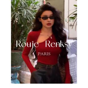 法国rouje renksy法式斜肩露锁骨红色T恤女不规则修身长袖上衣秋