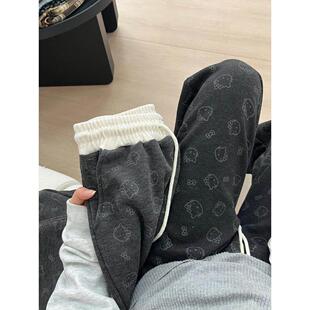 显瘦高腰宽松直筒阔腿裤 Rouje 子女秋窄版 kt印花加绒糯米裤 Dsyle