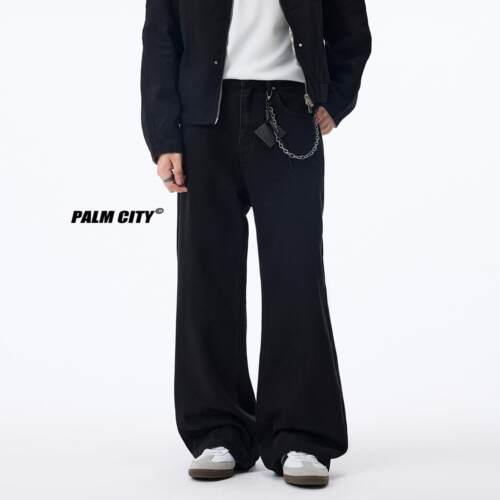 PALM CITY黑色直筒微喇牛仔裤男春秋宽松休闲阔腿长裤A字美式潮流