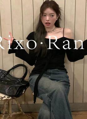 法国Rixo Rane法式黑色一字肩长袖针织衫T恤女设计感露肩吊带上衣
