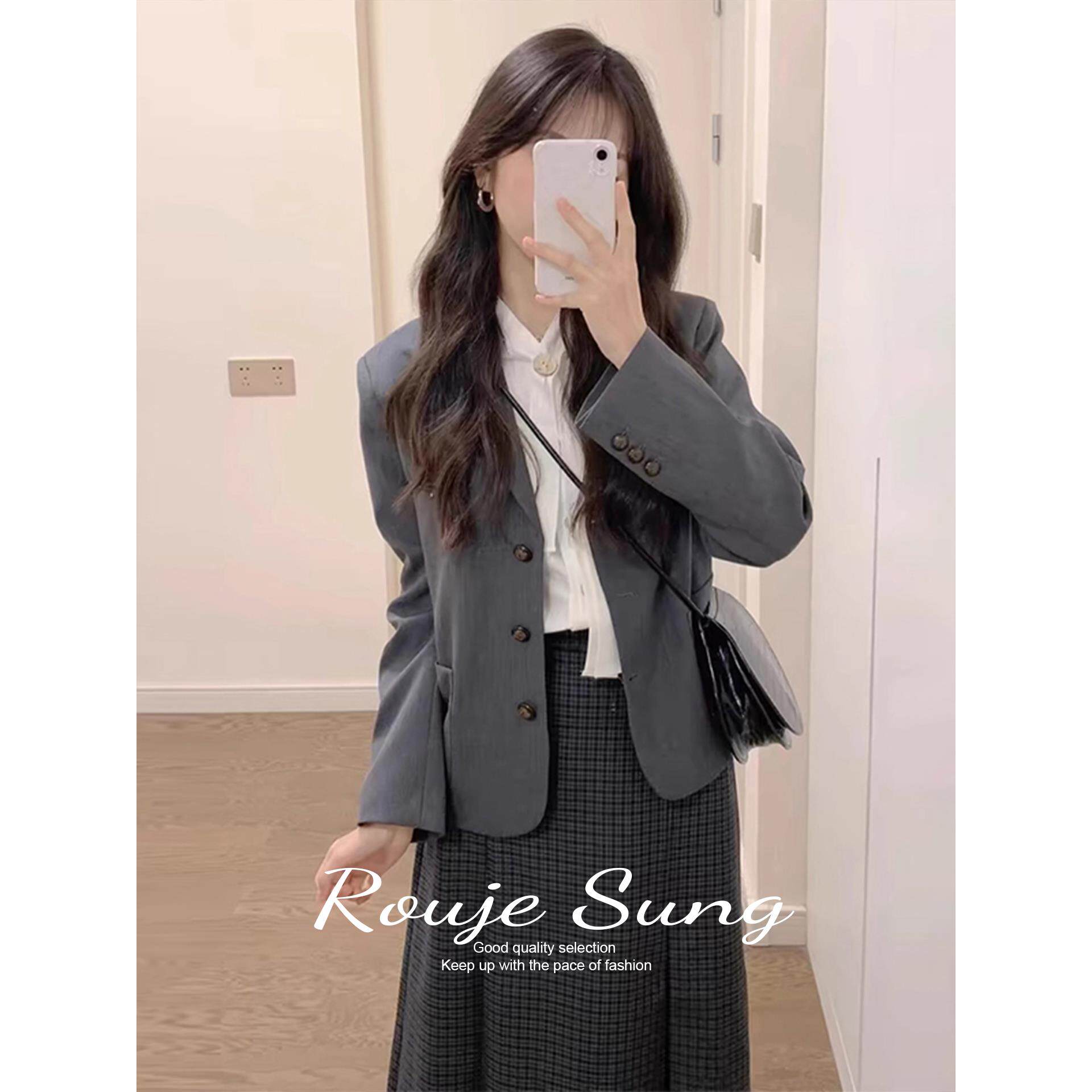 ROUJE SUNG灰色西装外套女秋季通勤商务小个子高级感休闲西服上衣