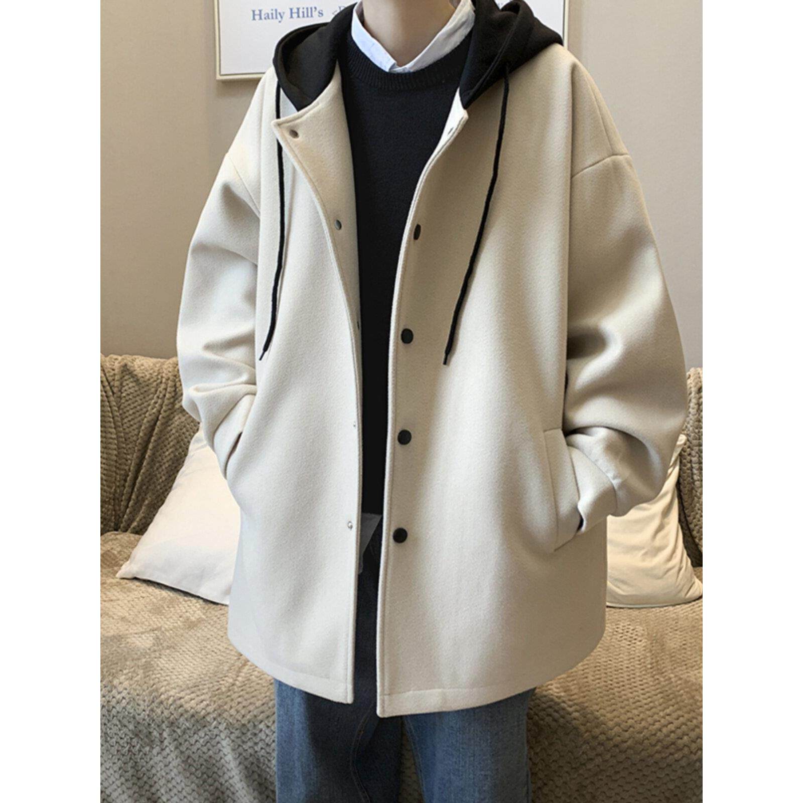 连帽毛呢大衣男秋冬季潮牌拼接休闲夹克港风宽松简约纯色呢子外套