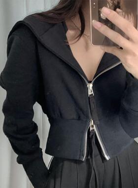 法国Rouje tusse黑色连帽短款卫衣修身外套女休闲百搭双拉炼开衫