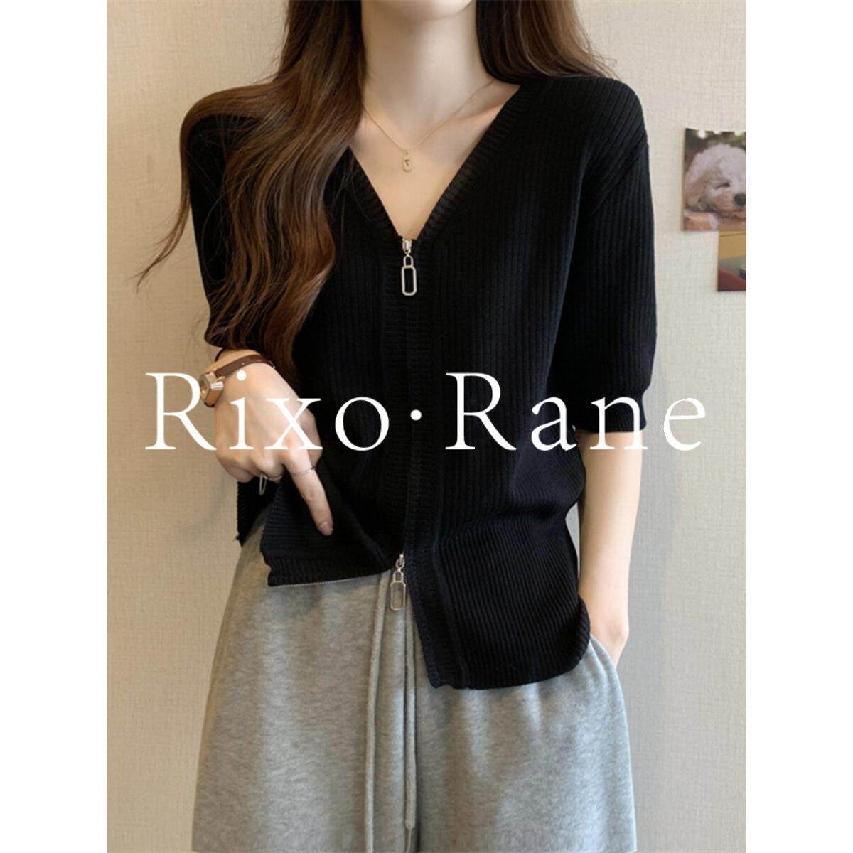 法国Rixo Rane ⭐黑色V领冰丝短袖针织T恤女显瘦时尚百搭拉炼上衣