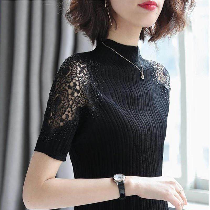 半高领蕾丝打底衫女2025夏季新款修身显瘦t恤上衣黑色短袖针织衫