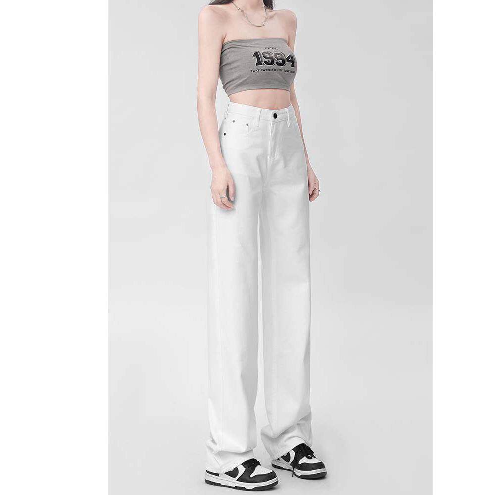 白色窄版阔腿牛仔裤女春秋2025新款高腰显瘦小个子拖地直筒裤子女