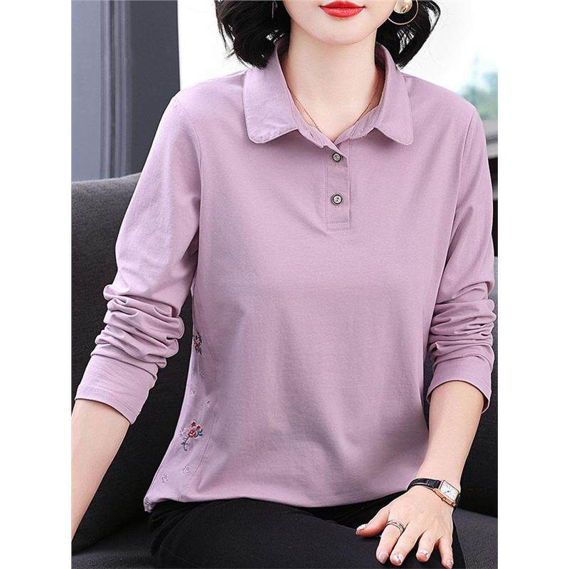 2025春秋新款中年妈妈纯棉刺绣薄款宽松大码翻领长袖打底衫上衣女