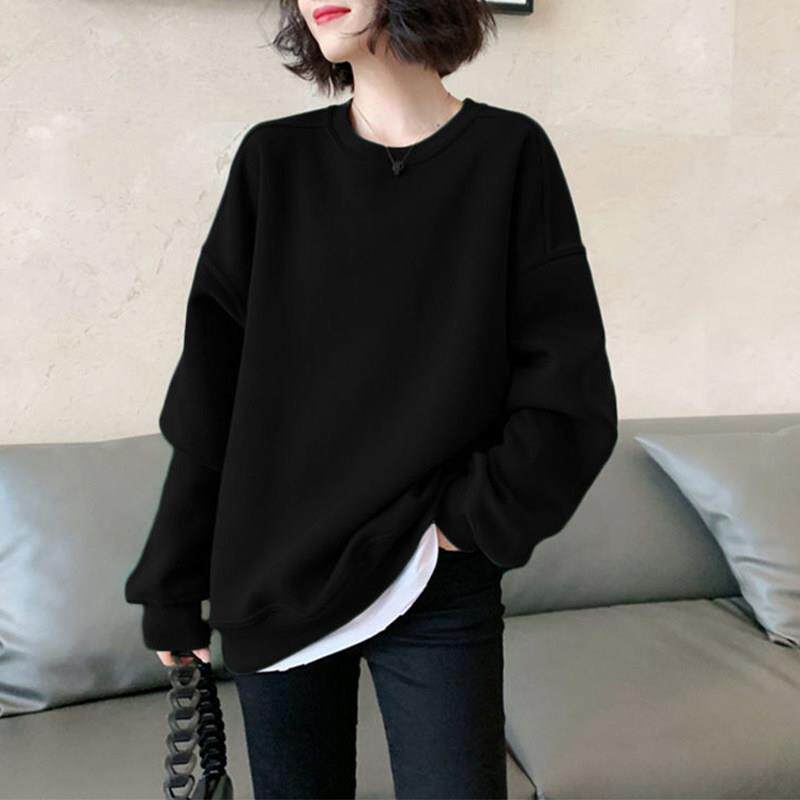 假两件卫衣女秋冬新款洋派减龄大尺码宽松胖mm加绒圆领套头休闲