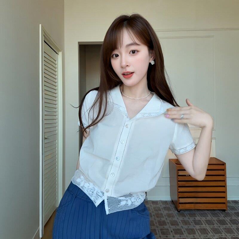 法式Rixo Kelly蕾丝拼接设计感百搭短袖衬衫女气质高级感翻领上衣
