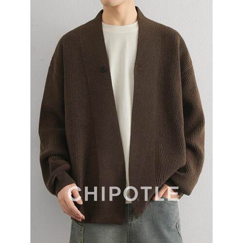 韩国CHIPOTLE老钱风道袍毛衣开衫外套男士2025秋季美式覆古针织衫