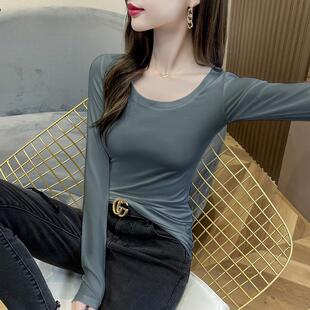 韩版莫代尔打底衫女长袖春秋新款洋气紧身大领口上衣内搭保暖体恤