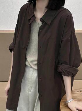 韩国NextMary覆古咖色长袖衬衫女高级感气质休闲慵懒上衣外套廓形
