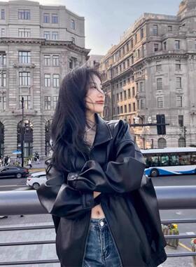 法国Rixo Kelly覆古廓形黑色翻领宽松皮衣外套帅气机车服夹克上衣