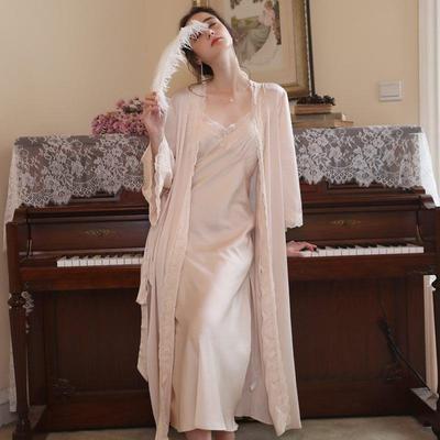 维多利亚带胸垫睡衣女真丝吊带睡裙睡袍两件套大尺码新娘晨袍长版