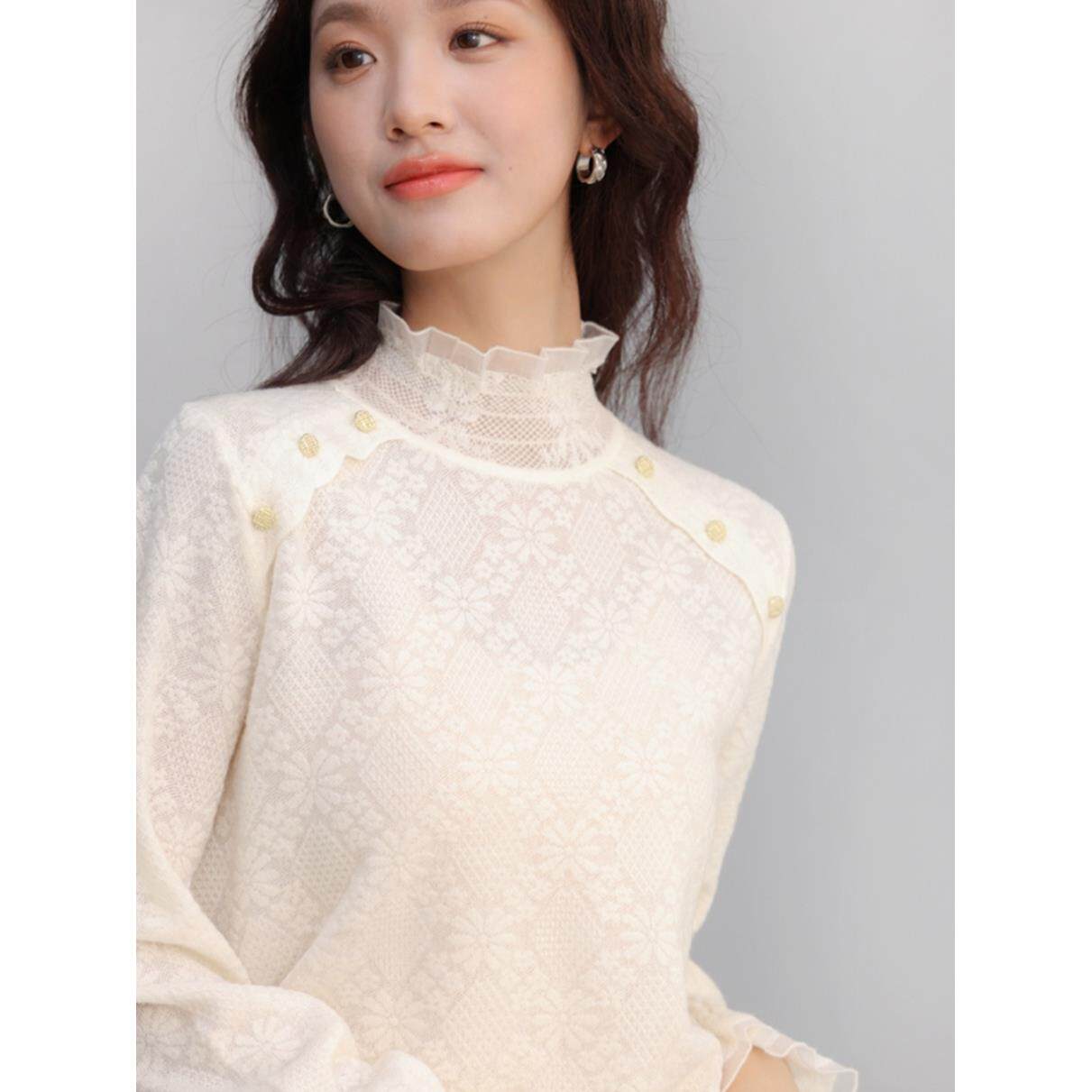 GOLUERJI蕾丝打底衫女新款秋冬半高领上衣小香风内搭羊毛打底毛衣