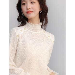 GOLUERJI蕾丝打底衫女新款秋冬半高领上衣小香风内搭羊毛打底毛衣