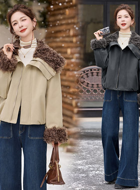 ERAL艾莱依派克羽绒服女2025新款大翻领拼接短款白鸭绒保暖外套