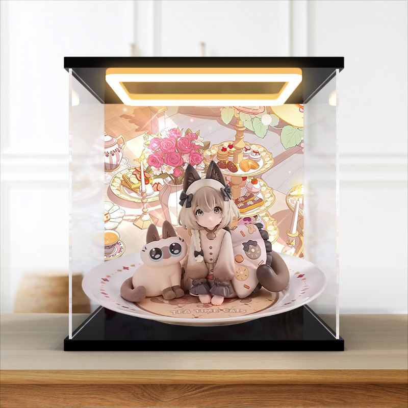 适用茶会猫x遲罗猫小豆泥 遲罗猫款手办亚克力回型灯透明展示盒