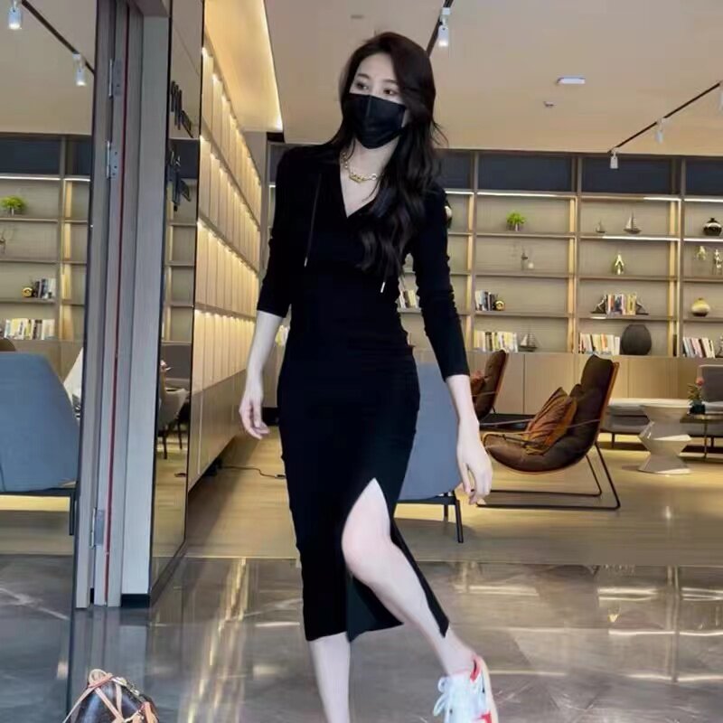 速发显身材风叉连帽长裙早秋御姐开气质紧身袖长包臀连衣裙