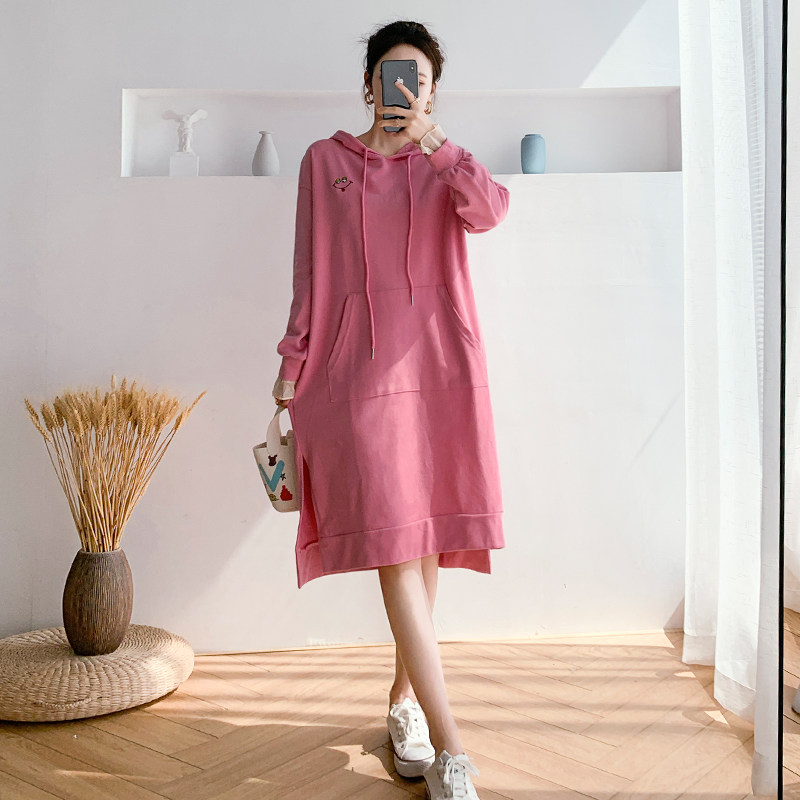 출산 봄 후드 티셔츠 2024 봄 중간 길이 드레스 봄 느슨한 패셔너블 긴팔 트렌디 엄마 탑