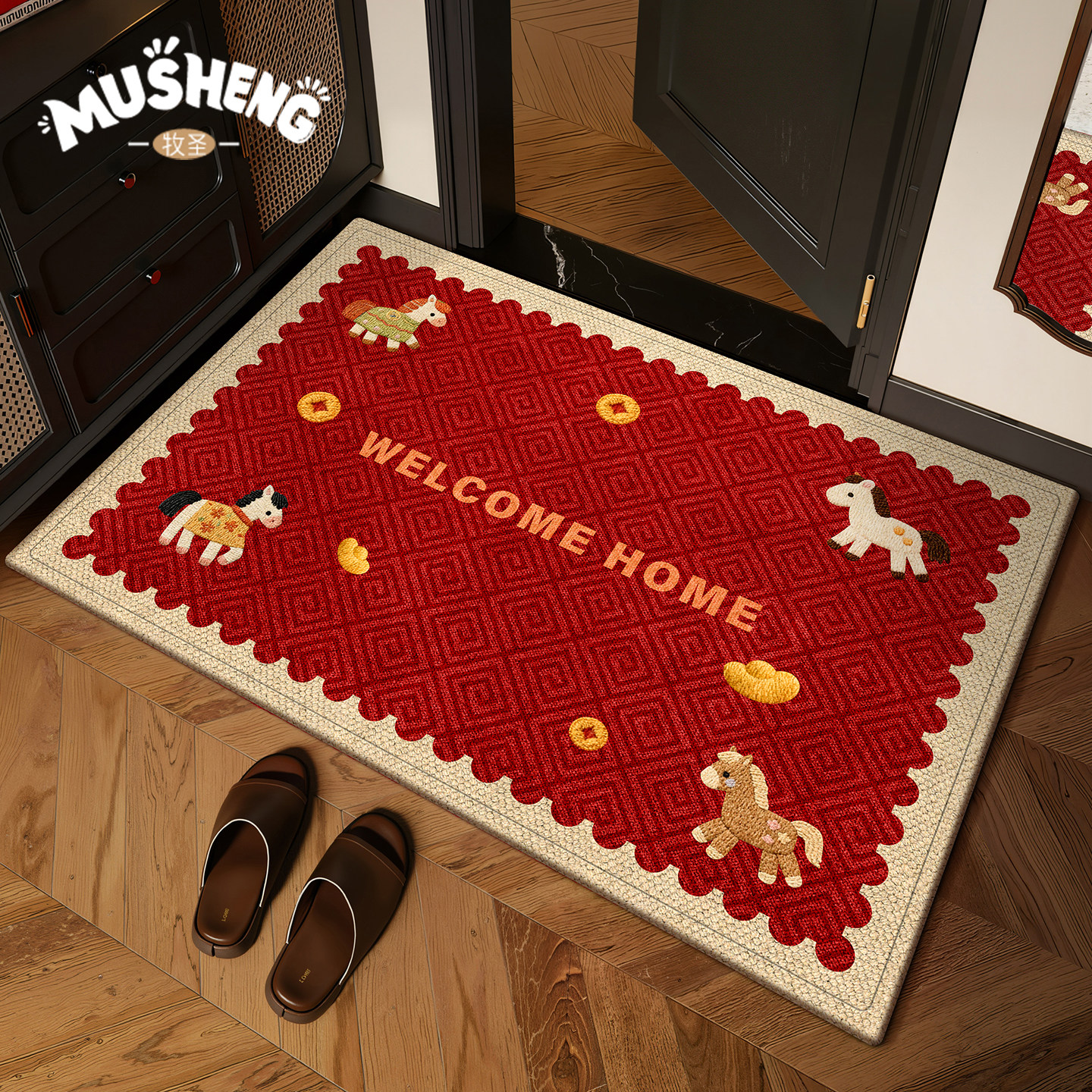 高级感红色喜庆马年圣诞入户门地垫加厚家用防滑玄关脚垫耐脏门垫,居家布艺,入户地垫,淘宝优惠券,粉丝福利购,淘宝优惠卷