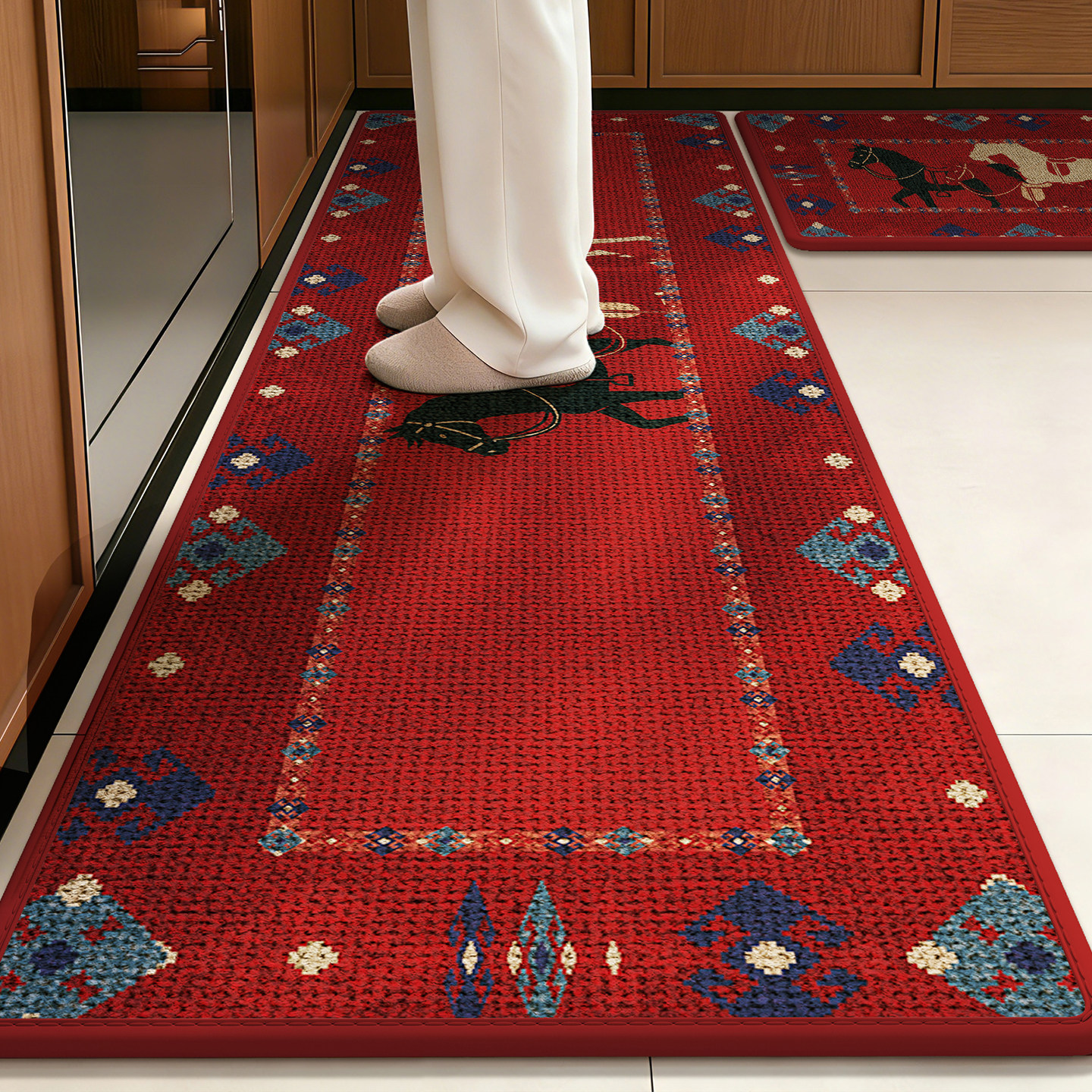 中古风厨房地垫吸水速干防油免洗红色仿亚麻长条地毯防滑家用脚垫,居家布艺,厨房地垫,淘宝优惠券,粉丝福利购,淘宝优惠卷