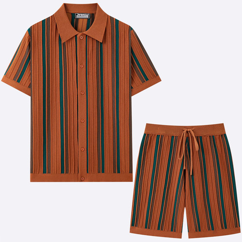 2026夏美式休闲套装男条纹拼色短袖Polo开衫短裤两件套Men's suit