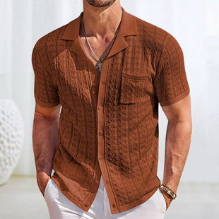 上衣Men 针织POLO衫 纯色休闲开衫 shirt 新款 2025夏季 古巴领短袖