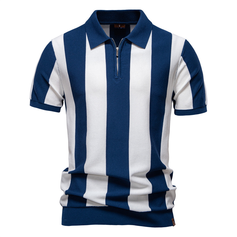 2025夏季条纹拼色短袖针织衫男翻领半拉链休闲polo衫Men T-shirt