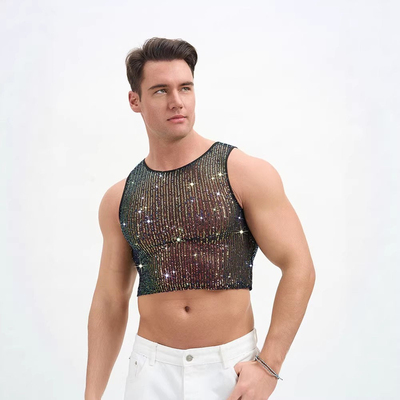 2026夏季欧美男士亮片修身短款背心夜店派对表演上衣潮Men's vest