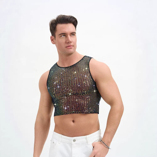 2026夏季欧美男士亮片修身短款背心夜店派对表演上衣潮Men's vest