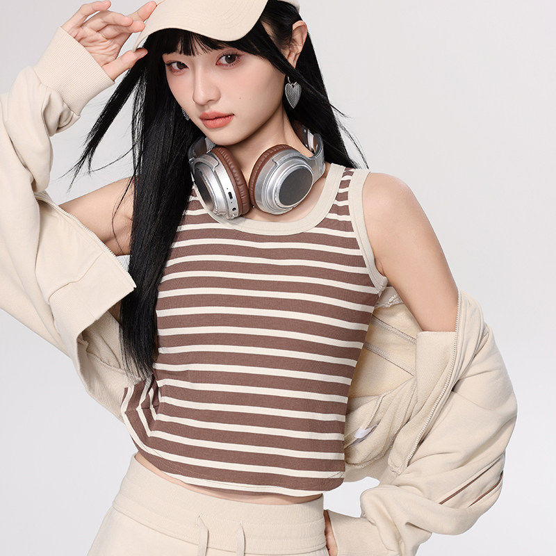 夏季经典条纹无袖背心女基础款修身显瘦简约内搭外穿短款上衣薄款
