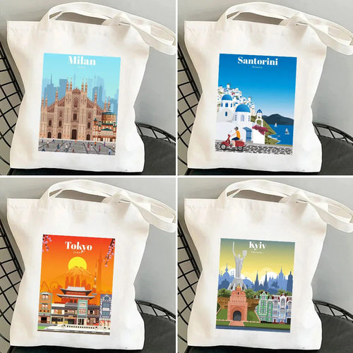 City Canvas Bag 超火环球城市风景画帆布包旅行纪念单肩托特包