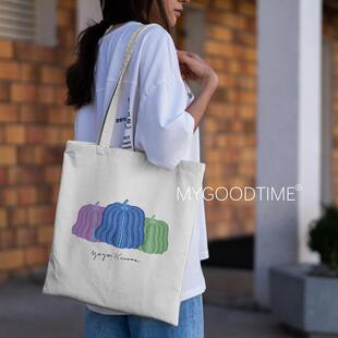 自制日本草间弥生三个南瓜帆布包女单肩帆布袋简约大容小众手提