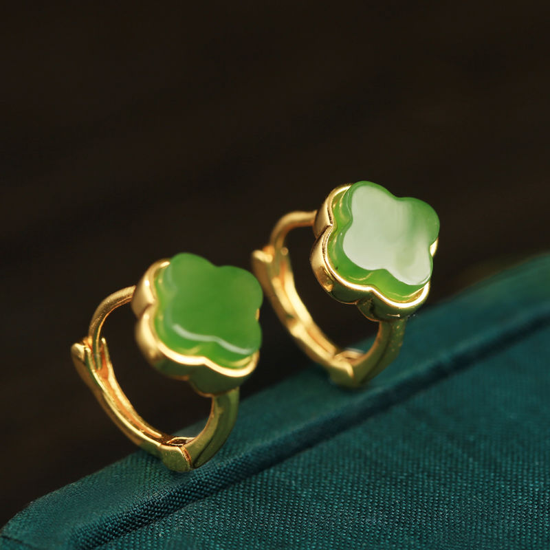 四叶草仿和田玉碧玉金色耳扣耳钉女 国风仿镶玉女生耳环耳饰礼