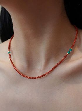 南红3mm珠新中式禅意长款项链绿松石吊坠配件叠戴国风锁骨链