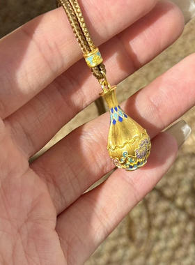 中式宫廷风黄金色珐琅花瓶吊坠项链小众设计精致百搭毛衣链礼物