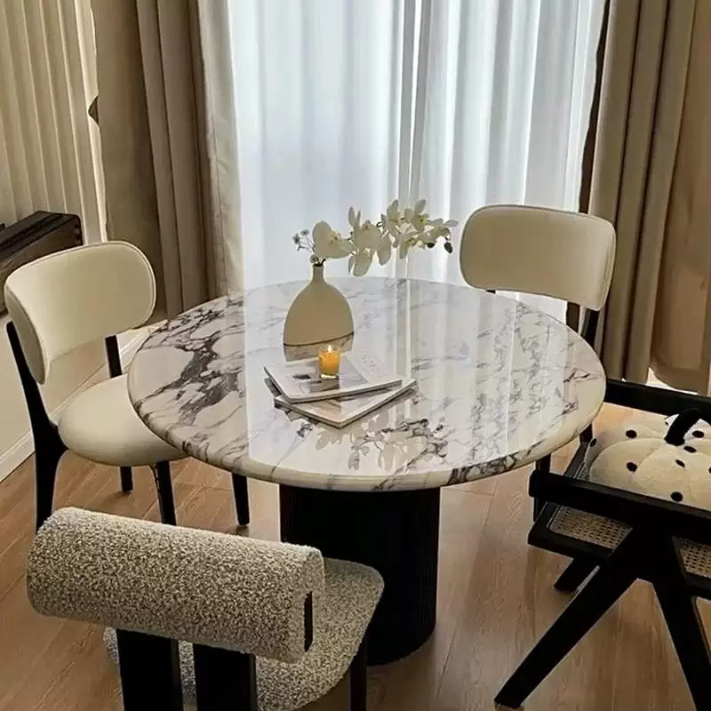 宝格丽餐桌家用小户型现代简约实木法式复古奶油风圆形大理石餐桌
