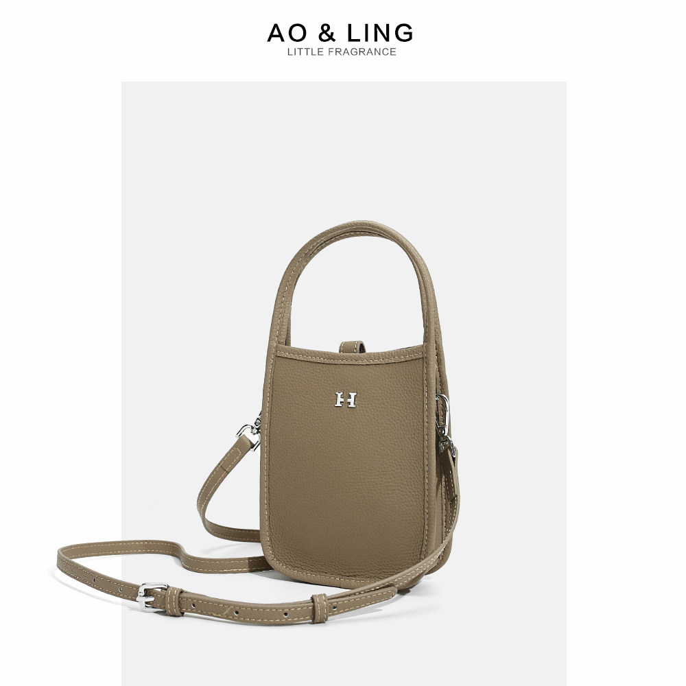 真皮手机包荔枝纹手提包菜篮子包包女2025新款头层牛皮单肩斜挎包