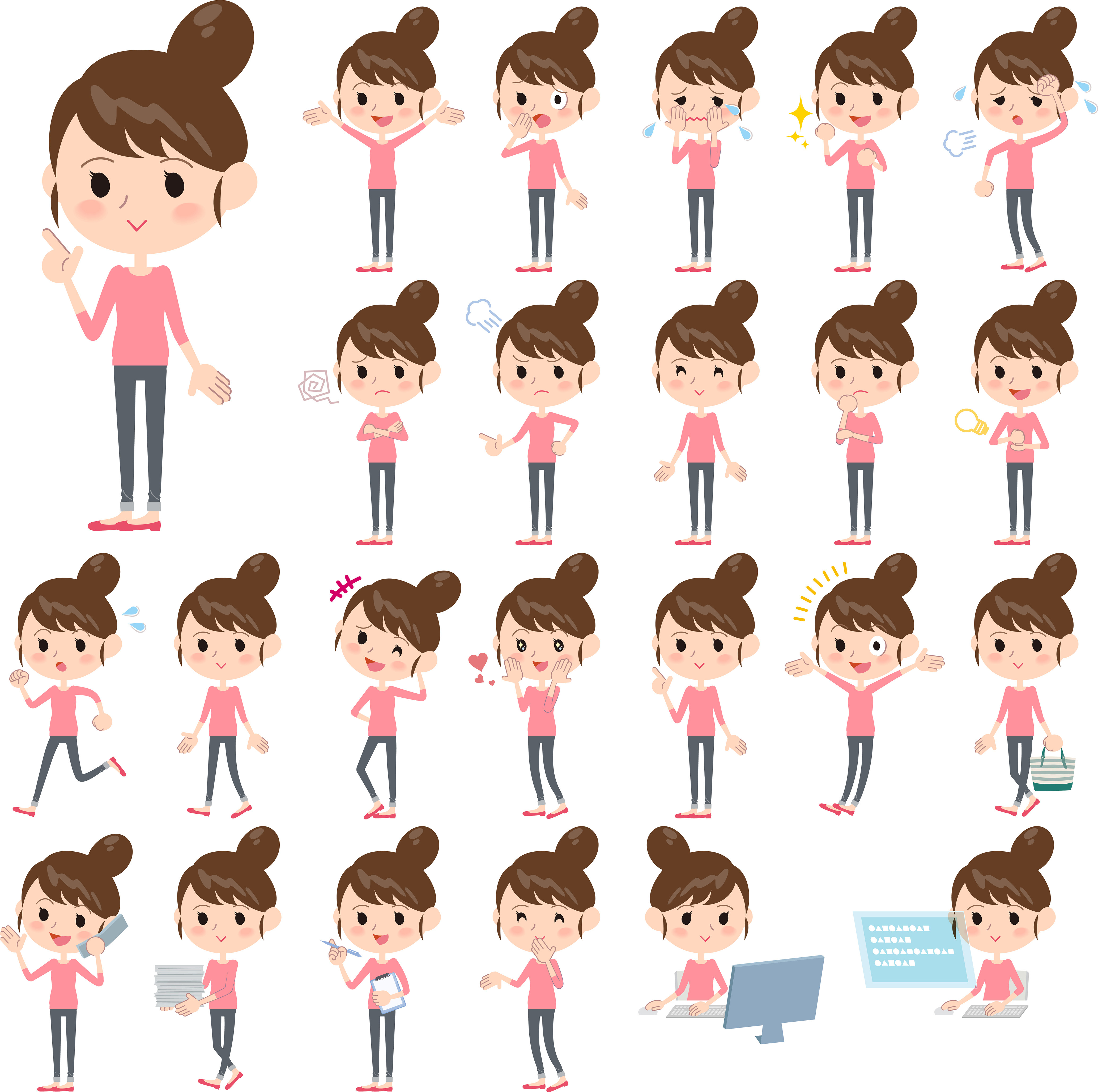 卡通可爱家庭主妇人物保守女员工公司职员不同动作表情ui矢量素材