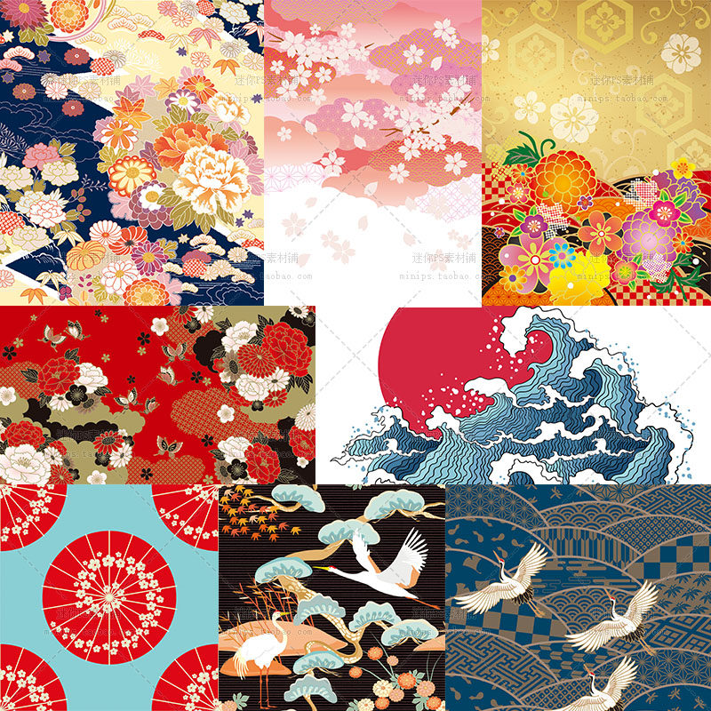524号日本和风仙鹤松树鲤鱼波纹传统花样图案印花矢量ai源文件