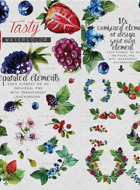 cm494夏天草莓蓝莓花环背景海报平铺图案手绘水彩PNG免抠设计素材