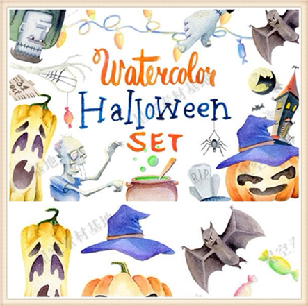 复古手绘水彩风万圣节卡通南瓜蝙蝠骷髅图案 png免抠设计素材