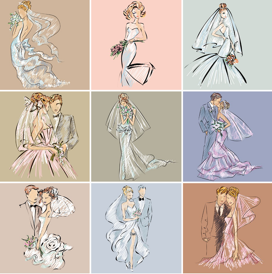 新品！彩铅漫画效果人物婚庆婚礼请柬邀请卡片 EPS矢量设计素材