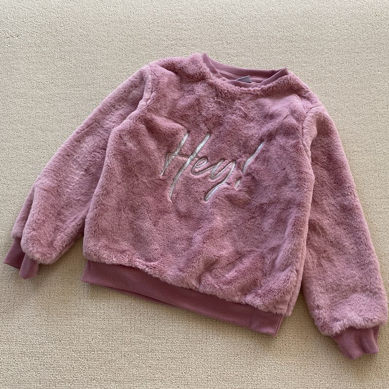 8-10码 外贸秋冬款女童儿童圆领刺绣仿貂绒卫衣绒衫