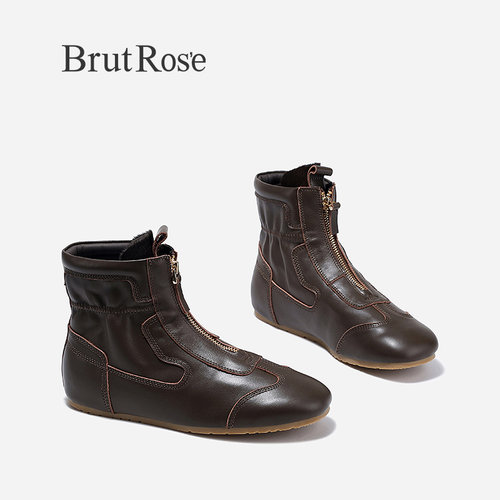 BrutRose2024冬季新款软底真皮短靴女显瘦时装靴复古经典踝靴子
