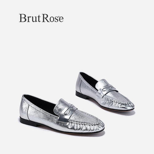 BrutRose2024春季新款潮流银色小皮鞋女牛皮JK制服鞋减龄气质单鞋