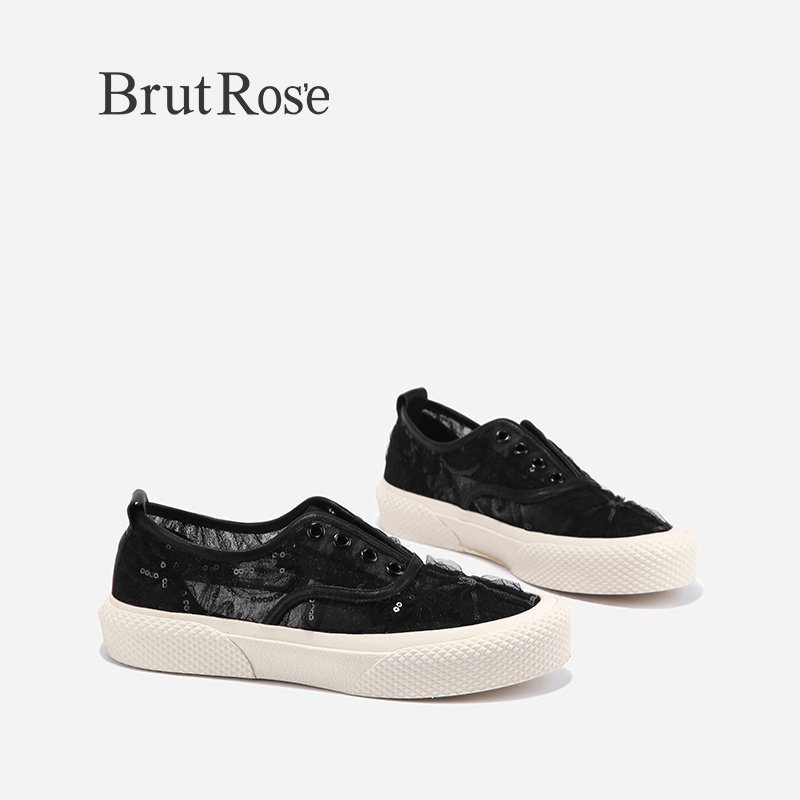 BrutRose2023夏新款薄款网面板鞋女透气蕾丝休闲鞋一脚蹬平底鞋子