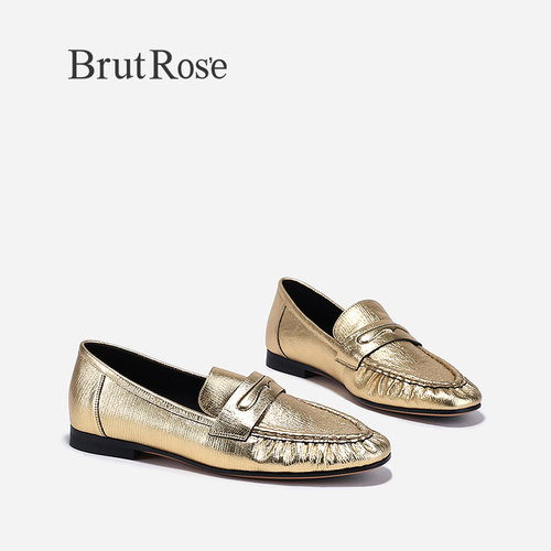 BrutRose2024春季新款气质金色小皮鞋女牛皮一脚蹬单鞋休闲平底鞋